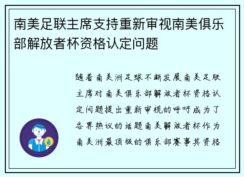 南美足联主席支持重新审视南美俱乐部解放者杯资格认定问题