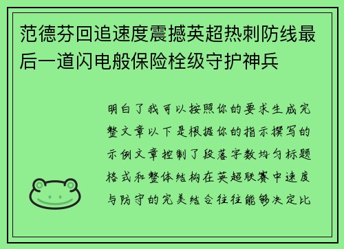 范德芬回追速度震撼英超热刺防线最后一道闪电般保险栓级守护神兵 范德芬回追速度震撼英超热刺防线最后一道闪电般保险栓级守护神兵