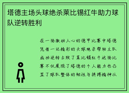 塔德主场头球绝杀莱比锡红牛助力球队逆转胜利
